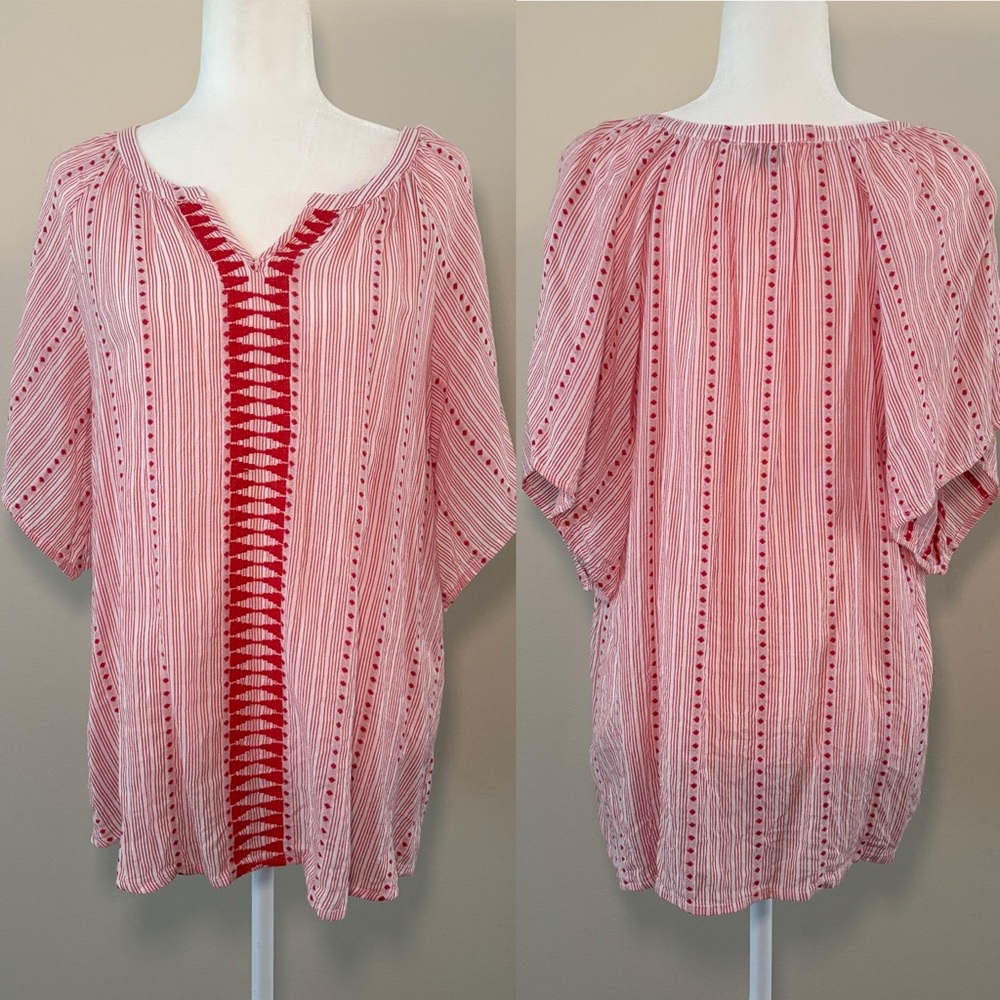 Red and White Striped V-Neck Top